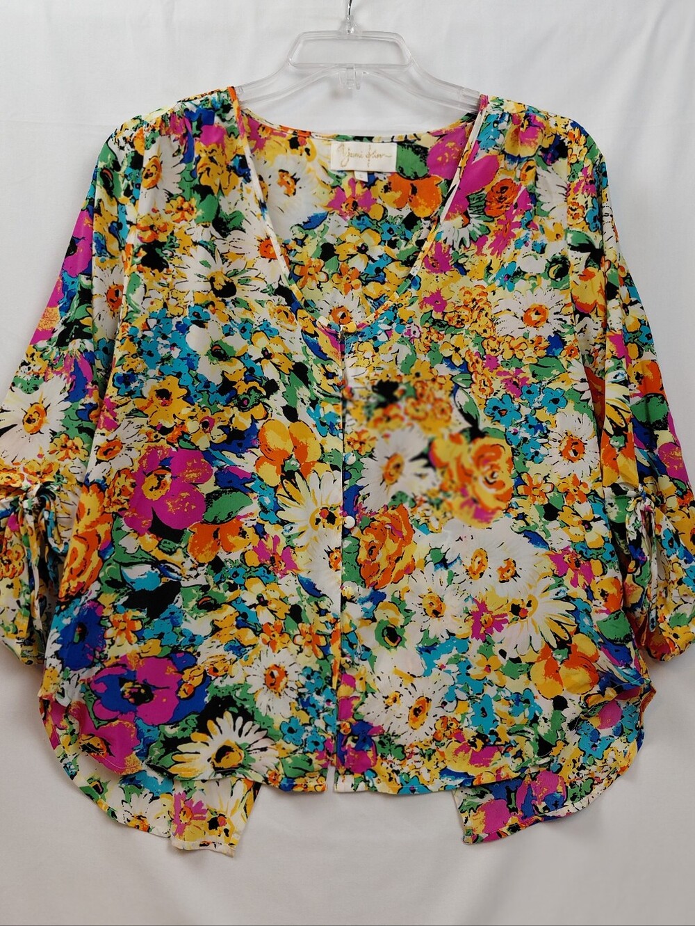 Yumi Kim Garden Floral Silk Blouse Size Small Three-quarter Sleeves Draped Back